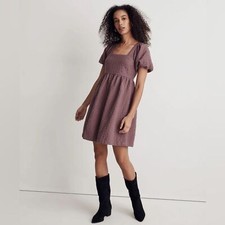Madewell Floral Quilted Puff-Sleeve Mini Dress in Fig Purple Size Small NWT