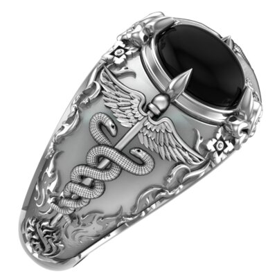 925 Sterling Silver Onyx Caduceus Medical Symbol Ring Punk Biker