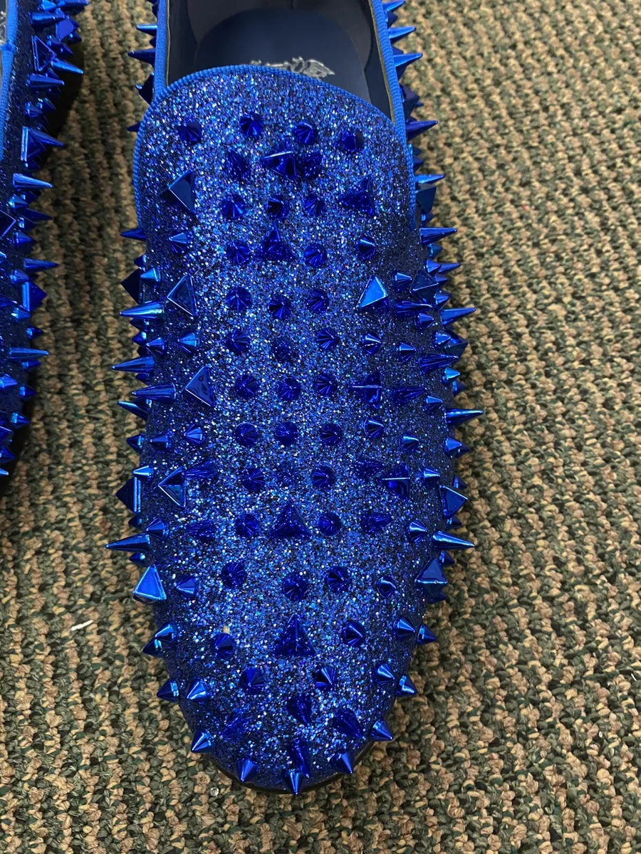 Royal Shoes Royal Blue Spikes Red Bottoms Smoking Slip-on Prom Dress Shoes  8-13