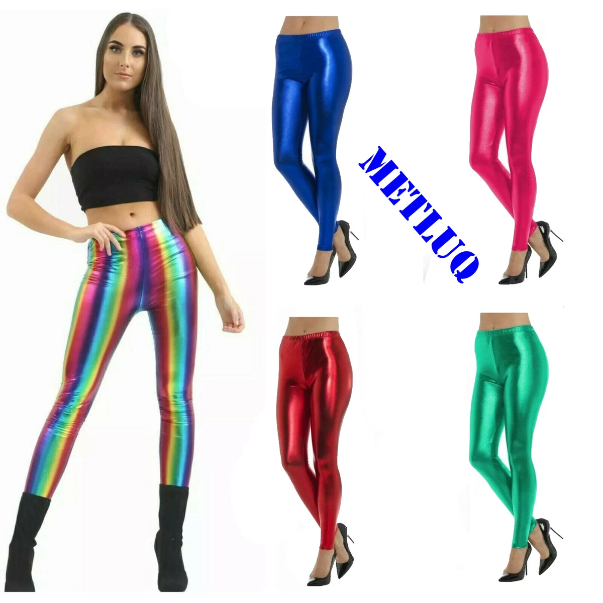 New Womens Ladies Shiny American Metallic Disco Leggings Wet Look Stretchy  Pants