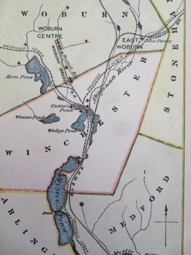 Mystic River & Pond Woburn Massachusetts Pollution pelle funziona 1876 mappa - Foto 1 di 4