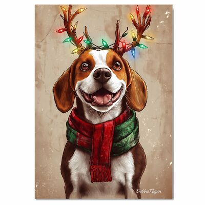 Beagle Dog in Scarf Antlers Rustic Flat Rolled, Framed or Wrapped Canvas 