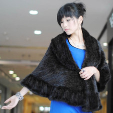 Real Genuine Knit Mink Fur Stole Cape Shawl Scarf Coat Ladies Fur Clothing-Black