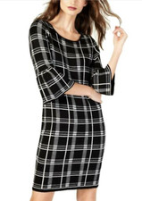 NY Collection Women's Petite Small PXS Black Plaid Bell Sleeve Mini Dress #22