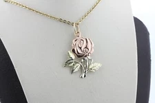 14K Tri Color Gold Rose Flower Leaf Stem Textured Charm Pendant 