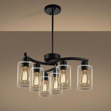 NEW 6-Light Modern Farmhouse Black Chandelier, Adjustable Height, Glass Shades