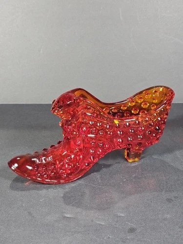 Fenton Hobnail Cat Head Glass Slipper Amberina Orange Glow VTG  6”