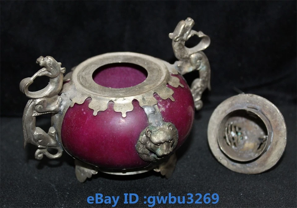 КИТАЙСКИЙ СТАРЫЙ ТИБЕТСКИЙ СЕРЕБРЯНЫЙ ДРАКОН ИНКРУСТАЦИЯ НЕФРИТ РУЧНАЯ РЕЗЬБА ЛЕВ БЛАГОВОНИЯ BURNE 23566 - Изображение 2 из 4