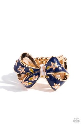 Paparazzi jewelry BOW Caution to the Wind Ring - Navy Gold Flower Bow Ring