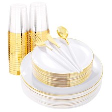 Liyh 180pcs White And Gold Plastic Plates Disposable Gold Plastic Dinnerware Set