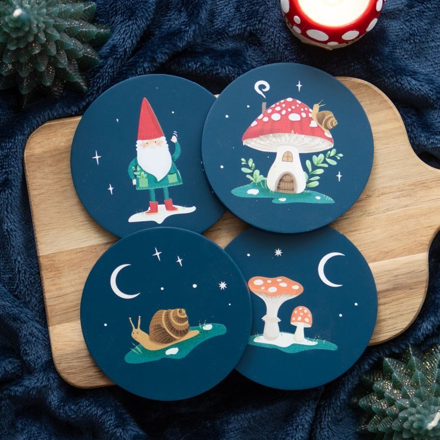 Set of 4 Coasters Winter Forest Gnome Sweet Gnome Range Coaster Gift Set