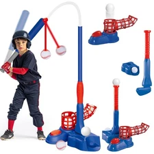 4-in-1 T-Ball Set with Teeball Batting Tee, Hanging Tee, Pitching Machine & R...