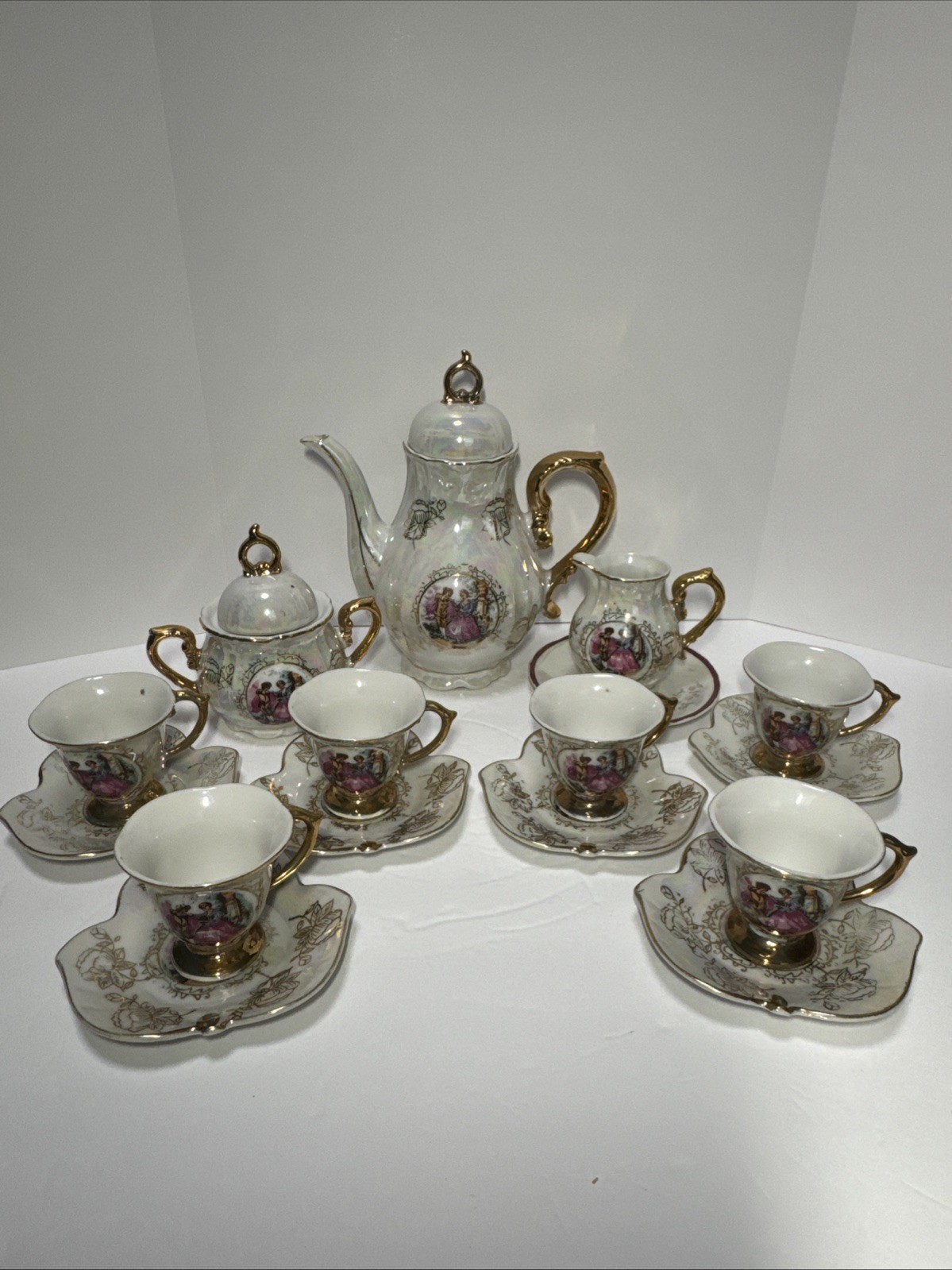 Antique Vintage Victorian Scene 16 piece China Tea set Musical Tea Pot Japan