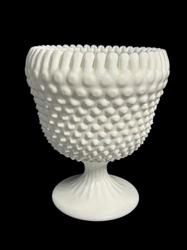 Vintage White Hobnail Milk Glass Compote Vase with Ruffled Rim 7”
