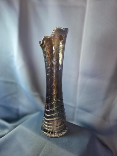 Vintage Imperial Glass Black Amethyst Carnival Swung Vase Iridescent Stretch USA