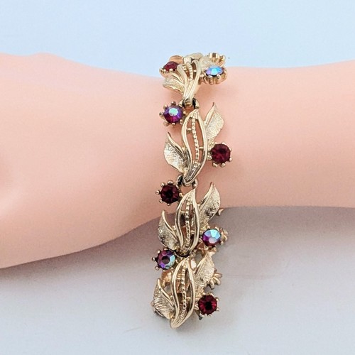 Arther Pepper Art Red AB Rhinestones Gold Tone Signed Vintage Link Bracelet 7"