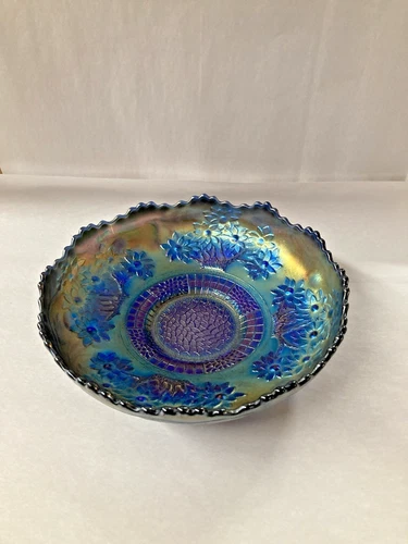 Vintage Fenton Cobalt Blue Carnival Glass Floral Flowers Bowl
