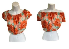 Aerie Crop Top Size Medium Floral Orange & Pink 100% Cotton On or Off Shoulder