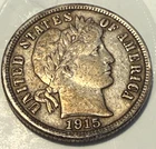 1915 10C Silver Barber Dime - EF Very Sharp Detail Hints of Gold/Auburn Toning