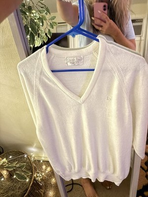 Christian Dior Vintage White Orlon Acrylic V-Neck Long Sleeve UNISEX Sweater M