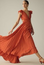 Mac Duggal Pleated Flutter-Sleeve Deep-VLace-Up Gown Orange Size 14 NEW NWT