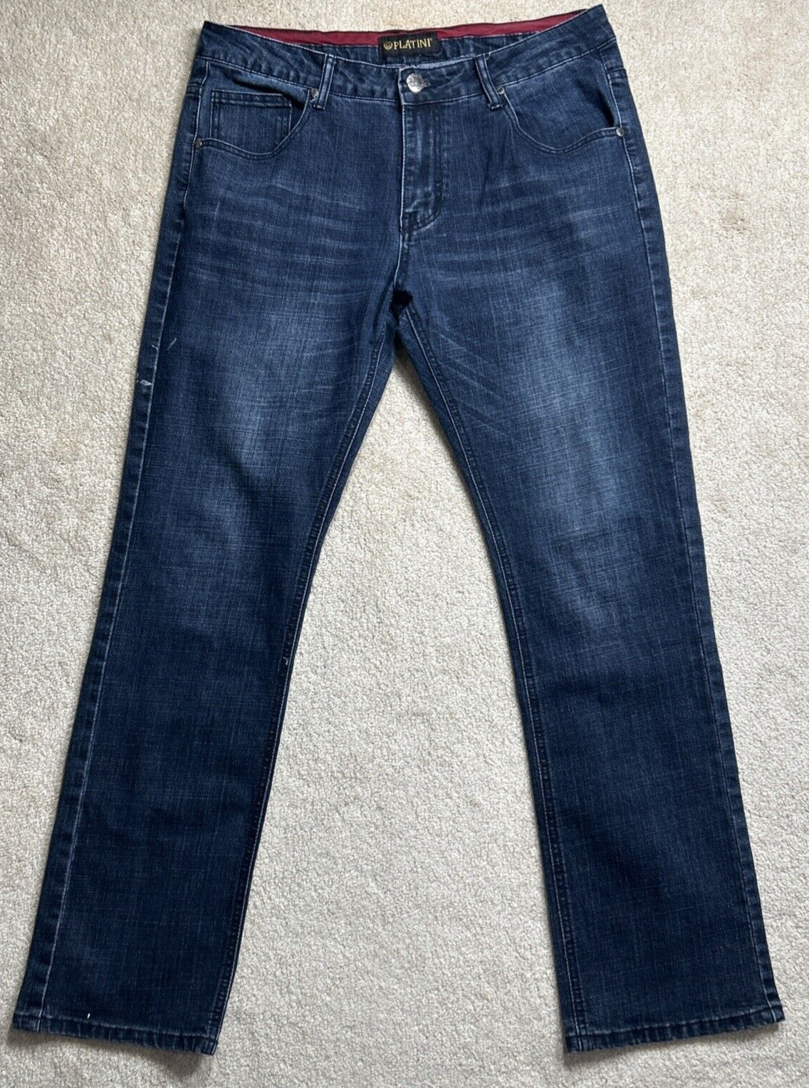 Platini Jeans Men's Sz 36x32 Blue Faded Whisker Studded Back Label Stretch EUC!