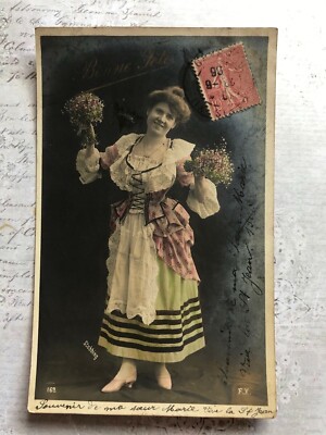 Beautiful Lady Flowers French Theatrical Fashion Original Vintage Postcard 