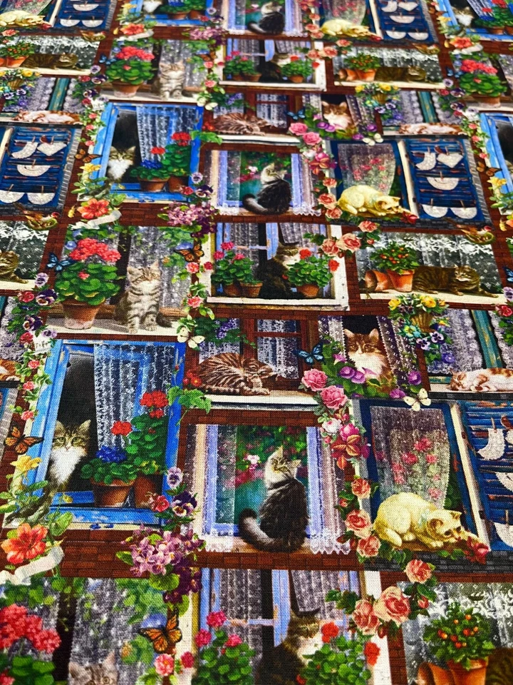 Stoff Meterware Baumwollstoff 110 cm Patchwork Blumen Katzen Fenster Rosen Bunt - Bild 4 von 4