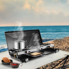 3 Burner Modern Portable Cooking Propane Butane Gas Camping Stove W/ Grid + Tray