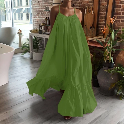 Sommer Damen Träger Rüschen Baumwolle Urlaub Freizeit Party Locker Lang Strandkleid - Bild 31 von 35