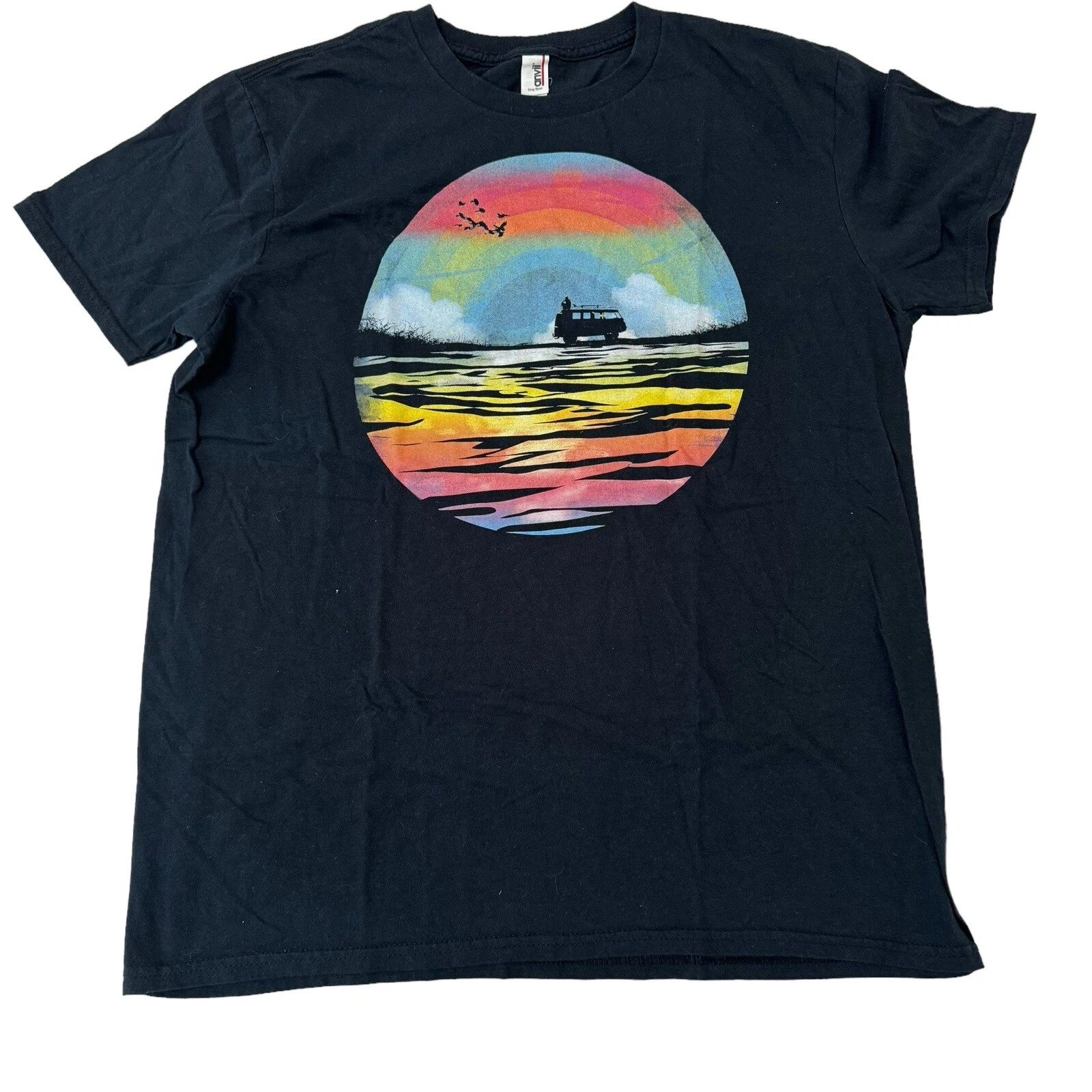Vintage Anvil T Shirt Camping Van Retro Graphic Lake Sunset Black Size L