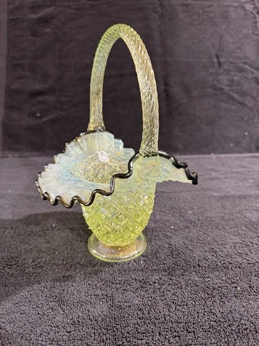Fenton Yellow Opalescent Diamond Lace Fluted Crimped Footed Basket Twist Handle