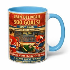 SOUVENIR blue MUG NHL HOCKEY JEAN BELIVEAU SCORE 500 GOAL VS GILLES GILBERT 
