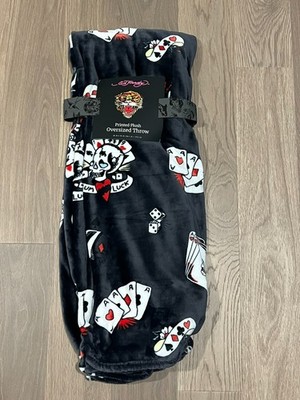 ED HARDY Gray Throw Blanket 60x70 Skull Dice Cards Y2K Tattoo Bum Luck Poker NWT