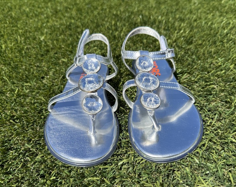 Michael Kors Betti Silver Sandals Women’s NEW Gemstone Strap Metallic Flat Shoe