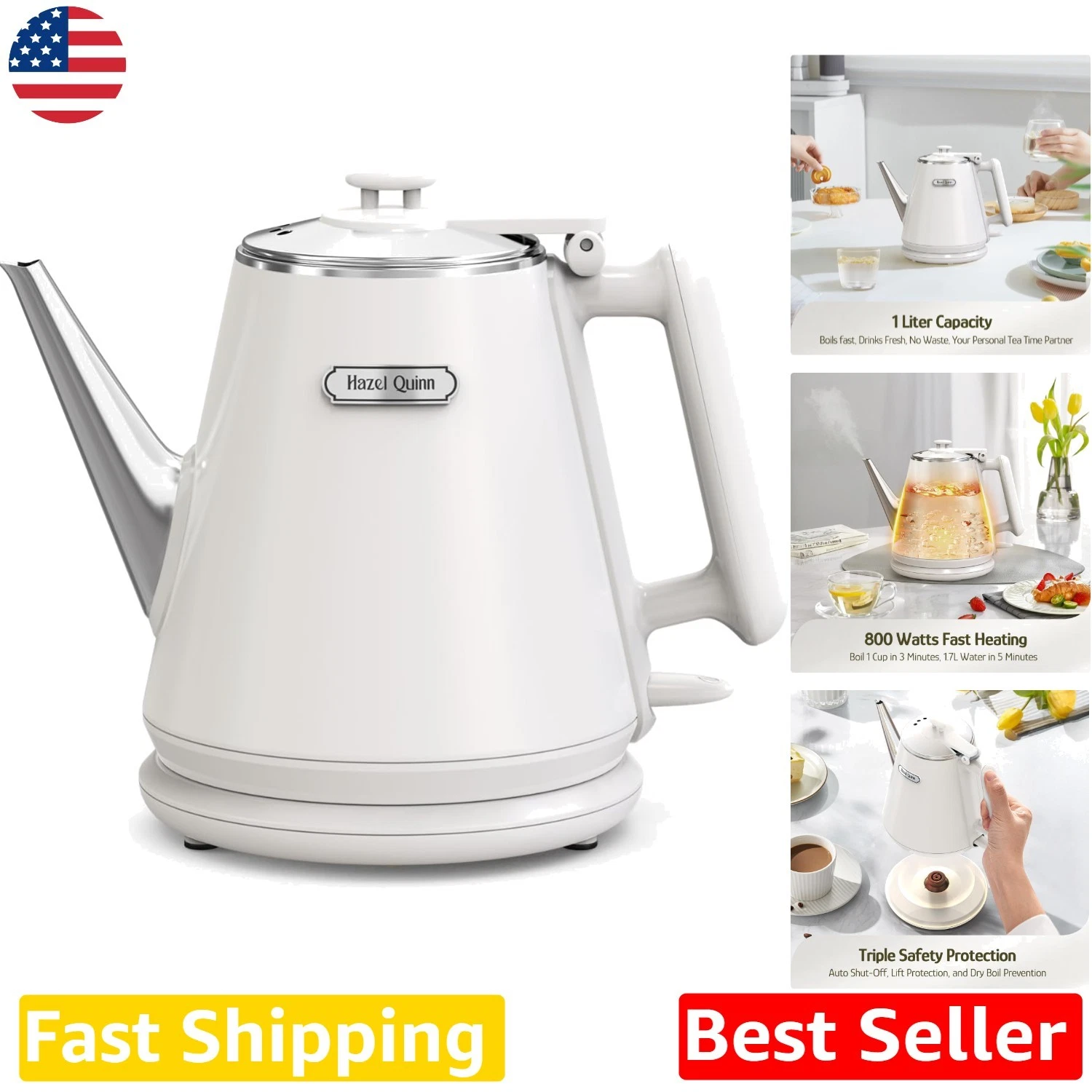 Small Electric Kettle 1L Pearl White - 304 SS Interior, Fast 800W Boil, Cool ...