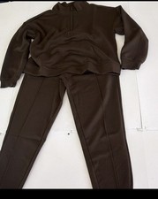 Women's Brown 2-Piece Half-Zip Mock Neck Sweatshirt Jogger Pants Set Pockets LG