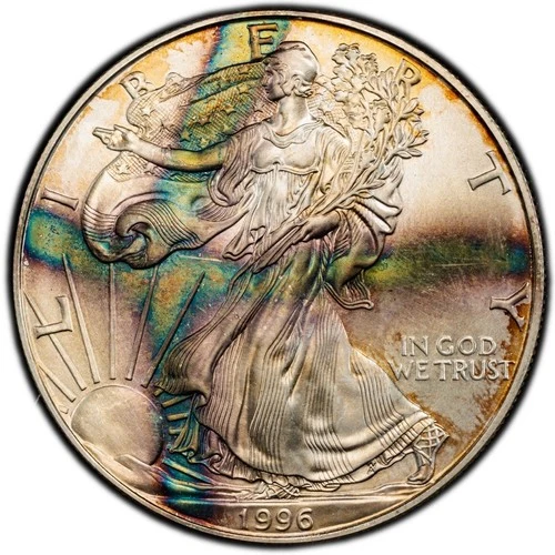 MS65 1996 $1 ASE Silver Eagle Dollar, PCGS Trueview- Unique Cross Rainbow Toned