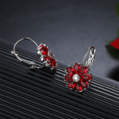 Happy New Year Gift Flower Fire Red Garnet Gems Silver Stud Hook Earrings - Picture 6 of 6
