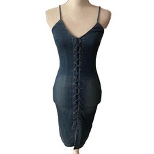 Windsor Denim Jean Tie Lace Up Sleeveless Stretch Dress Spaghetti Strap Sz S