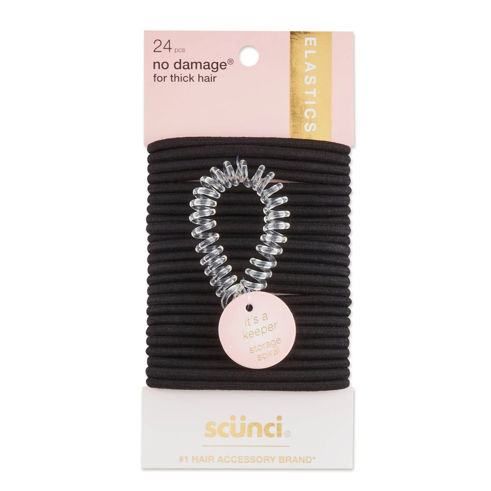 Scunci Thick Hair Elastic Hair Ties with Bonus Clear Spiral, Black, 24-Pieces