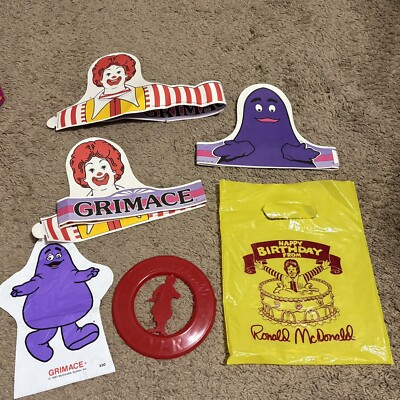 Vintage 90s Mcdonalds Birthday Bag Ronald Grimace Paper Crown Hat