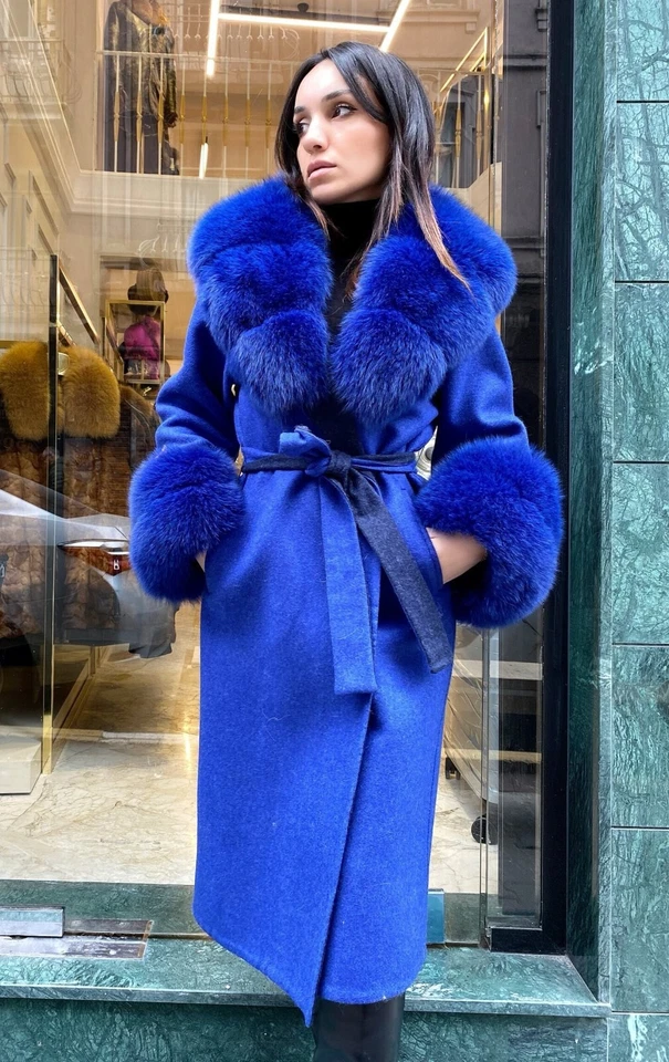 100% Alpaca Women's Winter Coat Real Fox Fur Long Overcoat Soft Stylish Blue - Image 3 of 4