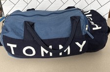 Retro Tommy Hilfiger Duffel Weekender Bag Large Spell Out Color Block Blue Navy
