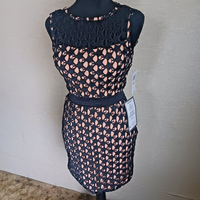 macy's black lace cocktail dress Miss Circle Women's Valerie Black Lace Teardrop Neckline Ruched Mini Dress