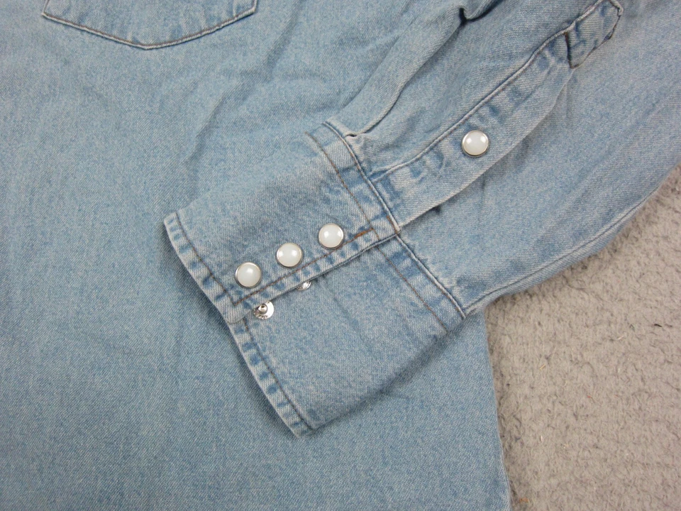 Camisa Wrangler Adulto Grande Azul Denim Perla Occidental A Presión Vaquero Rodeo Para Hombres Foto 4 de 4