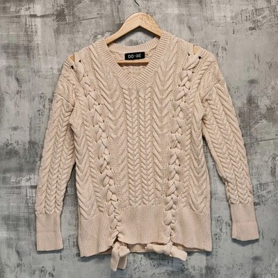 Do+Be Cremefarbener Pullover mit Zopfmuster Damen XS Grobstrick Baumwollmischung Schleifendetail Sweater