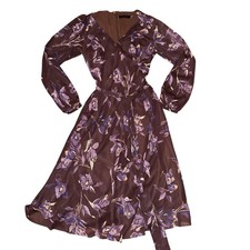 Lauren Ralph Lauren Wrap Dress Womens 4 Brown Purple Floral Chiffon Belted Midi