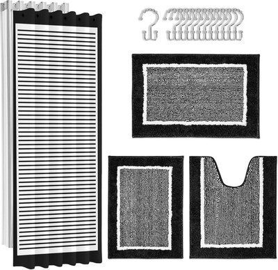 Britimes Black Stripes Bathroom Sets with Shower Curtain and Rugs, Black White M