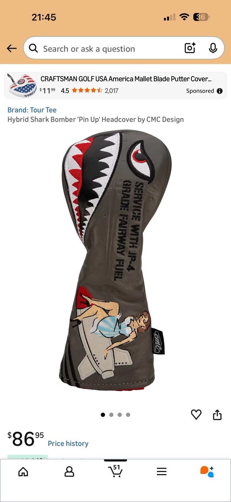 Shark Mouth Hybrid Golf Headcover &ndash; Genuine Leather Vintage Bomber Design